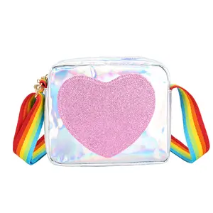 2023 wholesale small lovely heart print crossbody bag kids hologram glitter purses little baby girl handbag purses