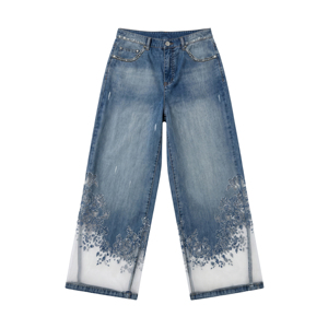 Anjie – Nouveauté : Jean en denim de créateur à jambe large pour femme, avec strass, broderie en maille transparente, personnalisable (OEM/ODM), marque privée, vente en gros - Product Image 1