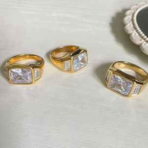 18K 골드 도금 반짝 이는 큰 사각형 Moissanite 반지 인장 Chunky 다이아몬드 반지 남성 빈티지 스테인레스 스틸 쥬얼리 파티 - Product Image 5