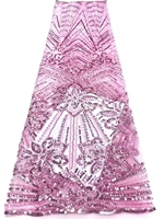 Tissu en dentelle verte perlée en gros avec sequins, tissu en dentelle fleurie avec perles et nacre pour robes de mariée et de soirée