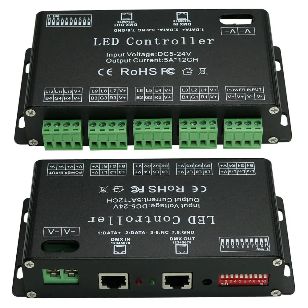 DC5-24V 12 채널 DMX 512 LED 스트립 컨트롤러 디코더 5A/채널 RGB 컨트롤러 장식 DMX 512 LED 스트립 조명 조광기