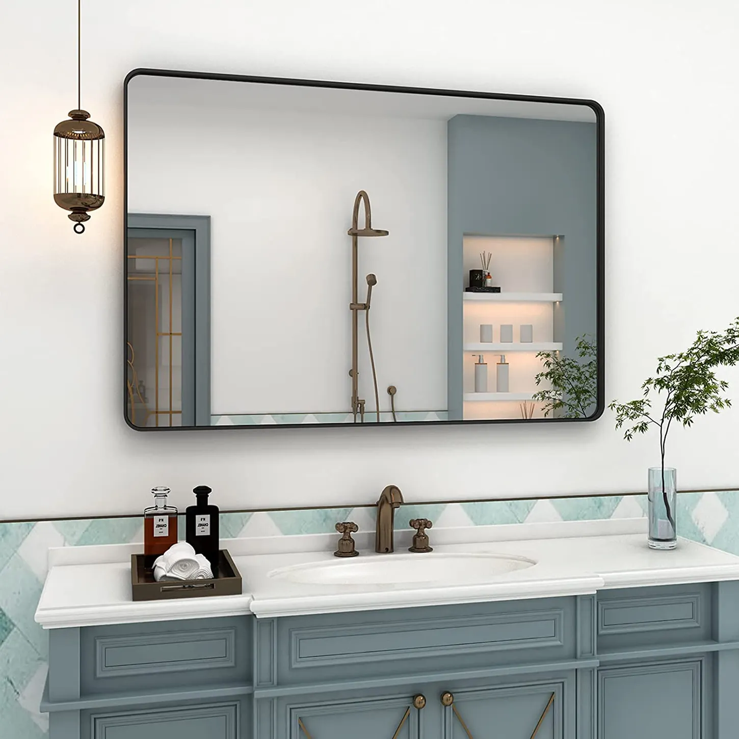 مزرعة المنزل ديكور مرآة حائط للحمام صناعة يدوية مضادة للبخار المقسى نظارات الحمام الإطار المعدني مرآة