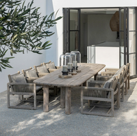 Mobilier d'extérieur moderne PE rotin cadre en bois de teck massif ensemble de chaises de table à manger de jardin avec coussin
