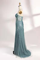Robe de soirée sirène sexy en maille moulante à fines bretelles, en tulle et dentelle perlée, avec des perles brillantes