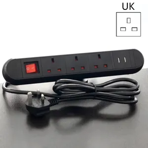 3 Way UK Desktop Edge Power Strip Removable Clamp Outlets Socket 2 USB Port Extension Cord 3 Plugs Surge Protector Office Table