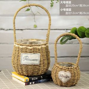 Cesta de flores de paja, cesta decorativa de madera tejida a mano, maceta nórdica para suculentas, maceta de ratán, verde - Product Image 4