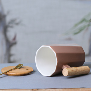 <b>Ceramic</b> Mug With Wooden Handle Ten Cornered Solid Color Office Use Presents - Product Image 3