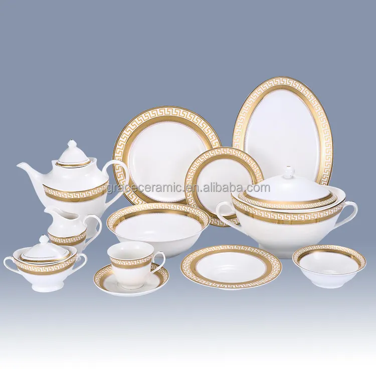 Groothandel Gold Trim Servies Set Keramische Fijn Porselein Wit En Goud Servies Set Voor 6 8 Persoon