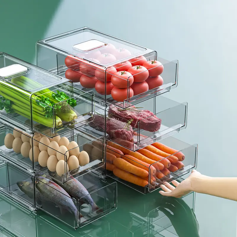 Transparant Plastic Koelkast Organizer Voor Keuken Plantaardige Voedsel Lade Stapelbare Koelkast Opbergdoos Vriesbak