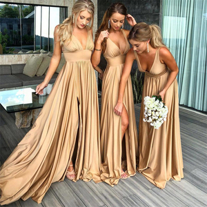 silk gold bridesmaid dresses Dark Gold Cowl Neck Slit Tea Length Bridesmaid Dress