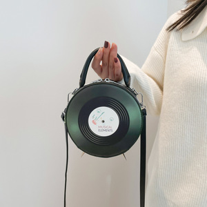 Bolso de hombro Retro Y2K creativo Unisex único disco de vinilo forma bolso mujer <span class=keywords><strong>hombre</strong></span> letra impresa Color bloqueado PU bolso redondo - Product Image 5