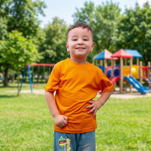 Camiseta IMRON KIDS para Niños, Color Naranja Sólido, Manga Corta, Tejida, 100% Algodón, Cuello Redondo, Diseño Casual Estampado, 180g, Estampado en la Espalda - Product Image 1