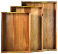 Plateau de service 3 pièces pour salon avec bordure en bois et poignée en acier doré, plateau coussiné