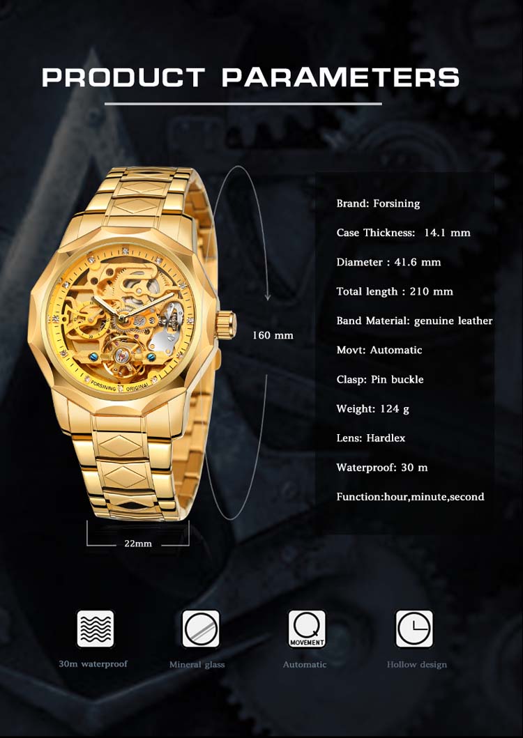 Часы наручные FORSINING Мужские механические, крутые Черные Водонепроницаемые с браслетом из стали, с персонажем, для отдыха, 8240