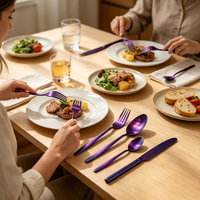 Ensemble de couverts jetables en acier inoxydable plaqué violet, couteau, fourchette, cuillère, résistant au lave-vaisselle, pour les fêtes, la maison, l'hôtel, le restaurant