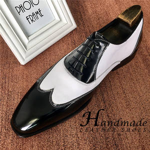 Chaussures habillées pour costumes, chaussures de soirée, chaussures pour hommes, chaussures en cuir véritable noir et blanc rétro, chaussures habillées en cuir brillant - Product Image 1