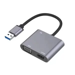 2 in 1 USB3.0からHDMIおよびVGAビデオAVおよび3.5mmオーディオコンバーターアダプター (PCからHDTVプロジェクターなどをモニターするため)