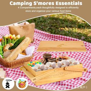 Wooden S'mores Station <b>Box</b> With Compartmentalized <b>Storage</b> And Six Skewers For <b>Camping</b> Outdoor Use - Product Image 2