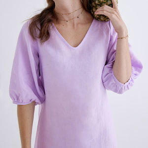 Nuovo Design estivo all'ingrosso <span class=keywords><strong>100</strong></span> in puro <span class=keywords><strong>lino</strong></span> eco-friendly tinta unita scollo a V vestito ampio da donna - Product Image 3