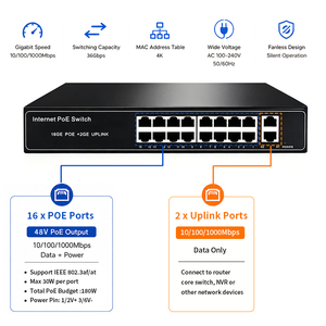 <span class=keywords><strong>Switch</strong></span> PoE Gigabit a 16 Porte, Hub di Rete a 18 Porte per Sistema di Telecamere IP di Sicurezza 4K, Plug and Play, 240W 48V - Product Image 2