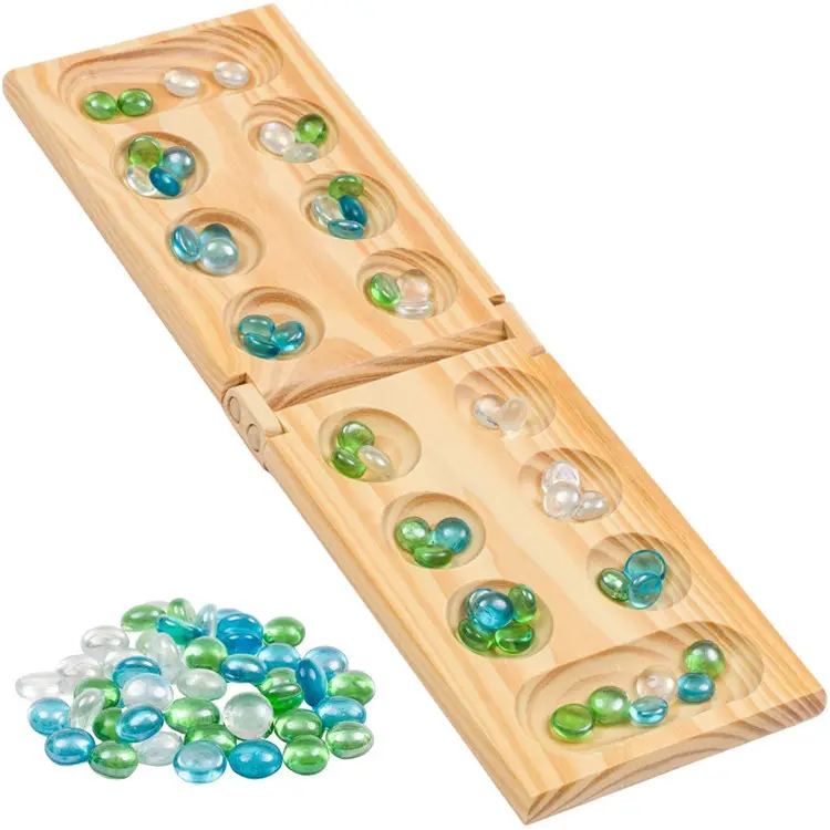 Foldable Wooden Mancala Board Game with 48 Glass Stones, for Ages 8 to Adult