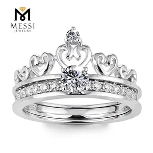 Messi Jewelry-Conjunto de anillos de boda de moissanita con forma de corona, joyería de oro de 14k y 18k, sortija de compromiso Doble