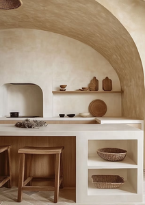 Modern Farmhouse Kitchen Minmimalist Arched Niche Customized Kitchens Cabinets in Beige Tones and Natual Wood Color - Product Image 4