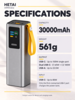 Batterie externe portable Li-Polymère haute capacité 30000mAh, charge rapide 165W, double sortie USB-C 2-en-1, écran TFT, lampe torche LED