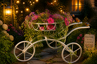 Support de Jardinière Extérieur Écologique et Durable en Fer, Style Chariot, avec Roues, Panier et Cadre Courbé – Décoration de Jardin