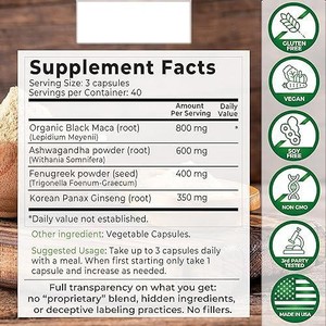 人気沸騰中のプレミアムオーガニックアシュワガンダ・高麗人参カプセル、ブラックマカ配合ハーブサプリメント、大人のためのエネルギー補給、抗酸化作用豊富、120カプセル入り - Product Image 3