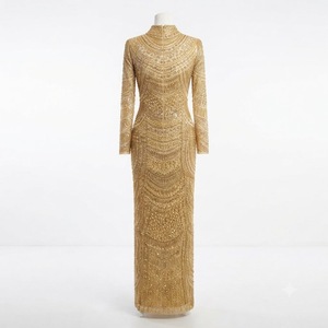 Robe longue en satin ornée de cristaux dorés, manches longues, col asymétrique naturel, détails décoratifs rayonnants, élégante - Product Image 3