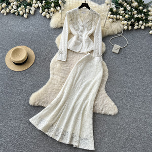Ensemble <span class=keywords><strong>deux</strong></span> <span class=keywords><strong>pièces</strong></span> chic et élégant pour <span class=keywords><strong>femme</strong></span>, col en V, <span class=keywords><strong>dentelle</strong></span>, perles et broderies, coupe ajustée, collection automne, qualité supérieure - Product Image 3
