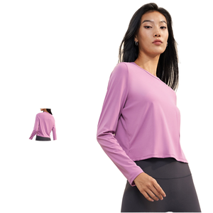 Haut de yoga pour femme, logo personnalisé, léger, manches longues, antibactérien, en spandex/nylon, col rond, ample, uni, vêtements de yoga de fitness - Product Image 1