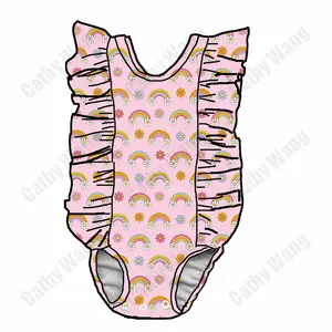 QL2022-bañadores florales con volantes para bebés, traje de baño con cremallera para niñas pequeñas, traje de baño de manga larga