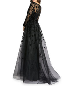 Nouvelle <span class=keywords><strong>robe</strong></span> <span class=keywords><strong>de</strong></span> <span class=keywords><strong>soirée</strong></span> élégante pour femme, noire, à manches longues, en velours, avec application florale, coupe trapèze - Product Image 6