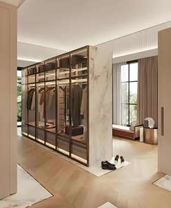 Armoires modulaires en bois haut de gamme de luxe avec porte en verre en acier inoxydable Meubles de chambre à coucher avec éclairage LED - Product Image 3