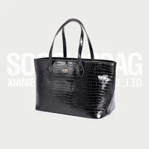 High Quality Luxury OEM Customized Crocodile Leather Black Tote With Golden Foil Logo For Women Croc Purses