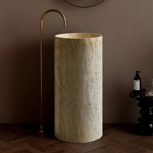 Lavabo de Baño Independiente Estilo Wabi Sabi - Lavabo <span class=keywords><strong>con</strong></span> <span class=keywords><strong>Pedestal</strong></span> de Piedra Artificial Artística de Travertino Amarillo - Product Image 1