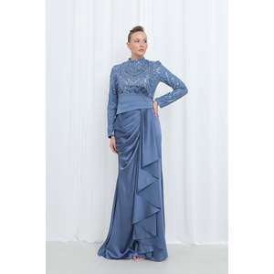 Puane Women's Indigo Satin Maxi Evening Dress with Embroidered Top Draped Waist Detail Soft Breathable for Special Occasions - Product Image 3