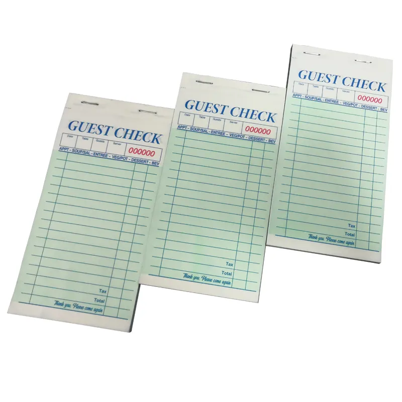 Libro de recibo de verificación para invitados de restaurante, papel Offset y cartón 165 de pulpa de madera pura, embalaje Neutral o personalizado, 89mm x 100% mm