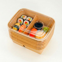 Boîte à sushi à emporter en papier kraft de qualité alimentaire, avec compartiments pour sauce, recyclable et résistante à la graisse, vente en gros, design personnalisé imprimé