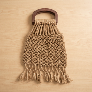 Bolso de mano bohemio de yute tejido con asa de madera, diseño hueco y decoración de borlas para la playa, uso diario, bolso de mujer - Product Image 1