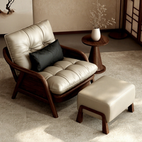Fauteuil inclinable en cuir véritable style Song avec réglage de la profondeur d'assise, pieds en bois massif, pour salon et balcon