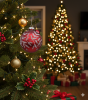 Ornement de Noël vintage en verre givré rouge, boule suspendue avec motif de branche de pin à paillettes blanches pour couronne, cheminée, décoration de ferme