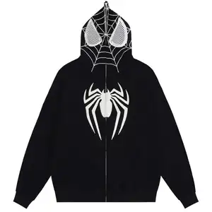 Großhandel hochwertige Anti-Schrumpf-Vollverschluss-Spider-Oversized-Kapuzenpullover Straßenbekleidung Chenille-Stickerei Unisex-Kapuzenpullover