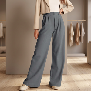 Pantalon large taille haute plissé uni coupe ample longueur cheville avec fermeture éclair respirant décontracté pour femme Printemps - Product Image 3