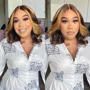 Court Bob Highlight Corps Vague D'eau 13X4 Dentelle Frontale sans colle Perruques de Cheveux Humains Ombre Blonde 4x4 Fermeture Perruque Colorée Pour Les Femmes - Product Image 4