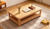 Table basse de salon moderne minimaliste en bois massif avec 2 tiroirs, étagère de rangement, design multifonctionnel