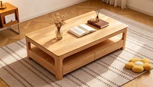 Table basse minimaliste en chêne avec 2 tiroirs et étagère de rangement - Product Image 5
