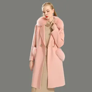 Wholesale Women Winter Jacket Long Wool Coat Top Quality Female Cashmere Trench with Fox Fur Collar Cashmere Coat Women Long